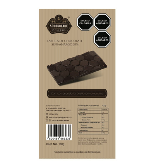 SCHOKOLADE-Tableta de chocolate semi-amargo 54% con arandano