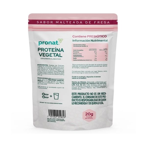 Pronat-Proteína vegetal sabor malteada de fresa 400 gramos